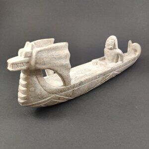 Stone Dragon Boat, VTG Canoe with Native Fisherman Hand Carved Sculpture 12.5"